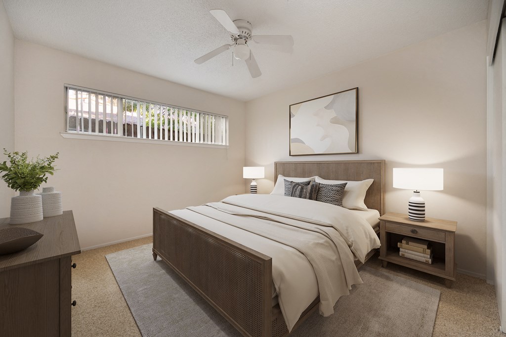 Bedroom With Ceiling Fan at Olympus Park Apartments, Roseville, 95661