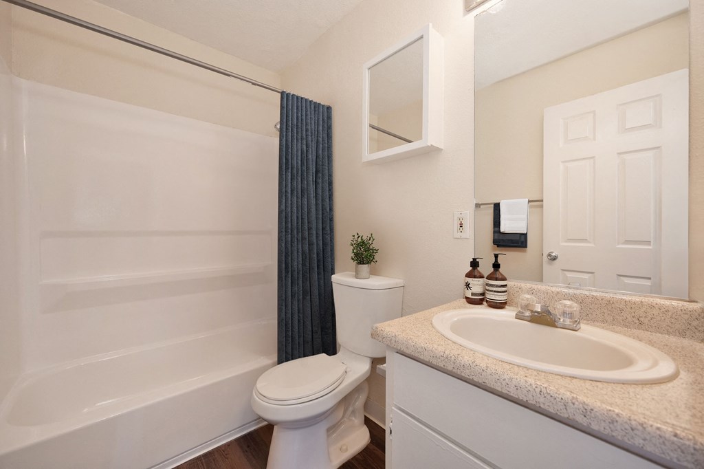 A bathroom with a white toilet, sink, and bathtub.