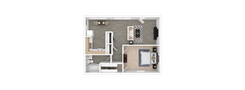 a 3D floor plan of the Douglas apartment with 1 bedroom and 1 bathroom  at Olympus Park Apartments, Roseville, 95661