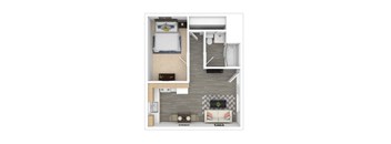 a floor plan of a one bedroom apartment with kitchen, a bedroom and living room  at Olympus Park Apartments, Roseville, CA