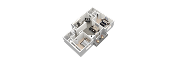 Renovated Style 2 Bedroom, 2 Bathroom 3D Floor Plan