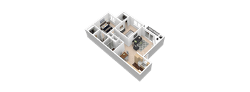 Classic Style 2 Bedroom, 2 Bathroom Plan C 3D Floor Plan
