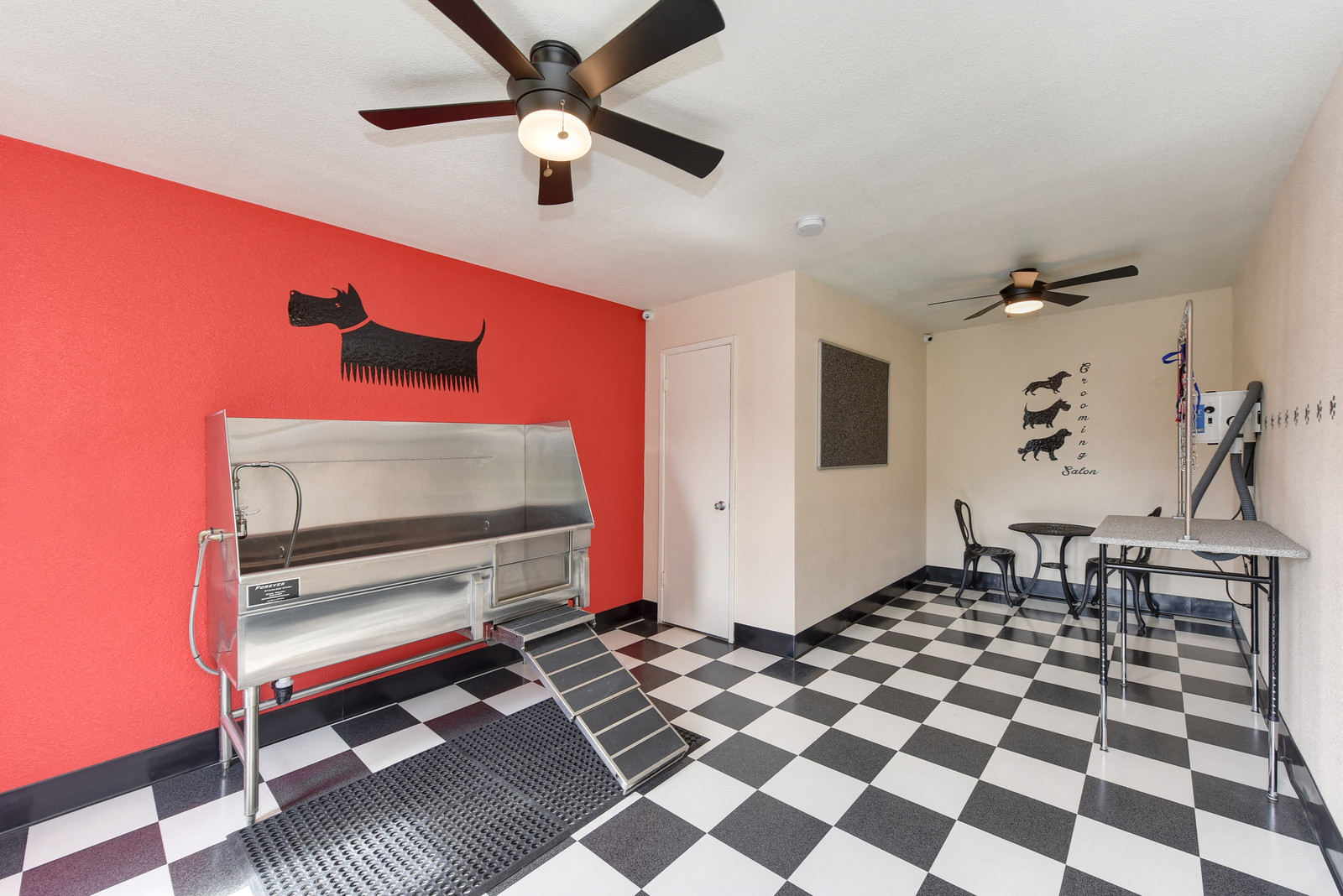 Community Pet  Washing and Grooming Area with Dog Washing Station, Black/White Checker Pattern Floor and Ceiling Facn at Fountains of Fair Oaks, Fair Oaks California