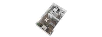A top-down view of a house with a living room, kitchen, and dining area.