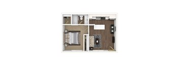 One Bedroom, One Bathroom Floor plan 3D furnished image at Pinecrest Apartments, Davis ,95616