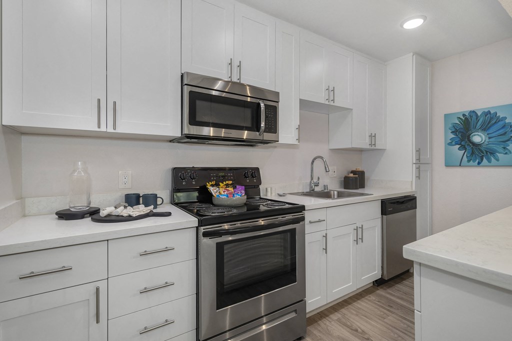 a kitchen with white cabinets and stainless steel appliances