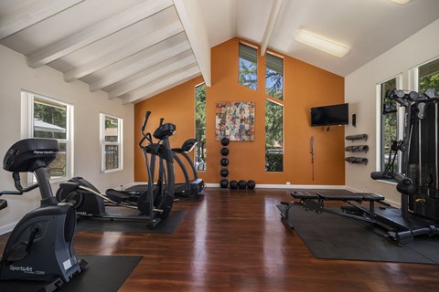 a home gym with exercise machines and a tv on the wall at Pinecrest Apartments, Davis ,95616