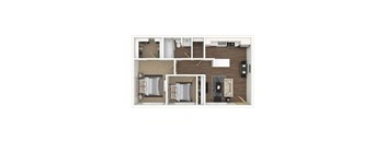 Two Bedroom, One Bathroom Floor plan 3D furnished image at Pinecrest Apartments, Davis, California