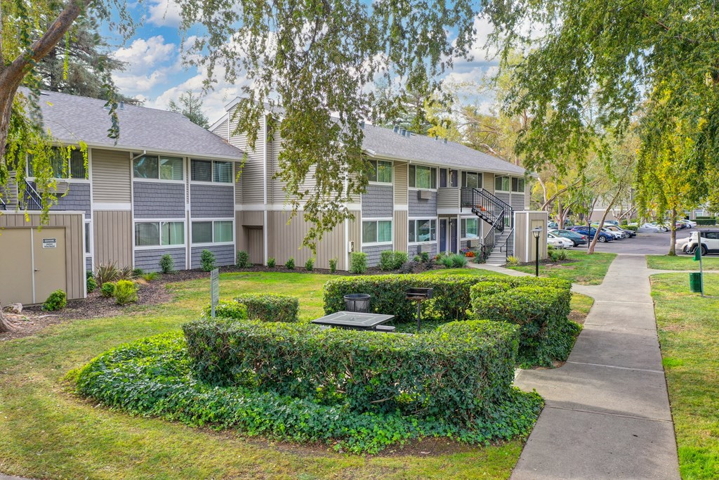 Pinecrest apartment community exterior grounds with apartment buildings and mature landscaping at Pinecrest Apartments, Davis