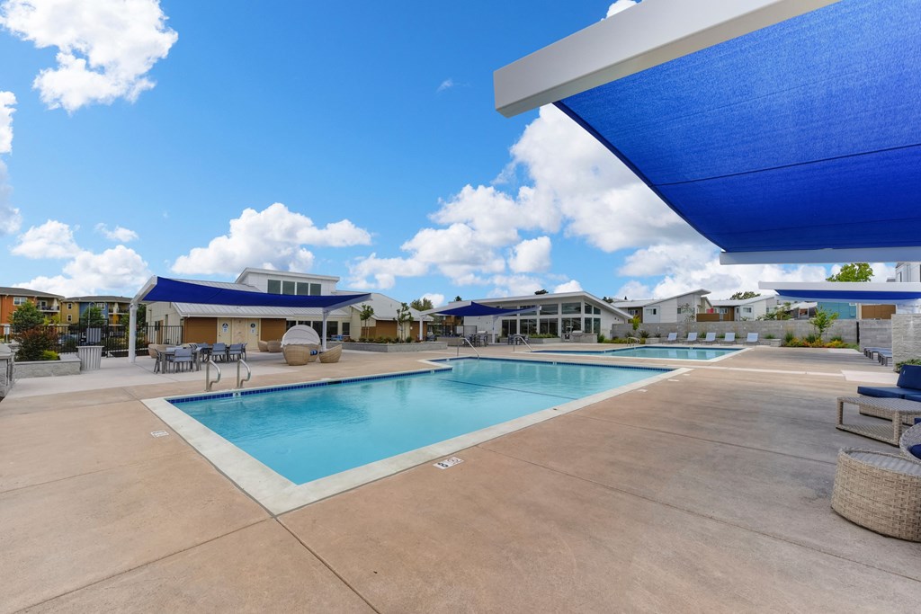 Pool with Lounge Chairs, Blue Skies with Clouds at Addison Ranch Apartments, Petaluma, 94954