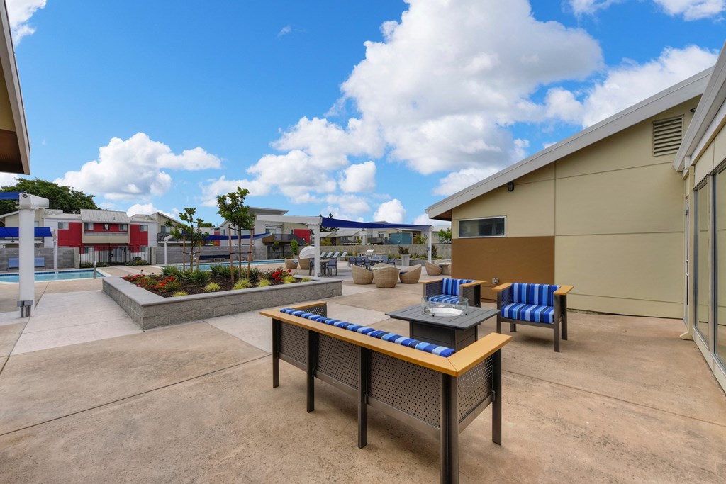Pool and Seating Area, Fire Station, Blue/Black Seats, Blue Skies at Addison Ranch Apartments, Petaluma, CA, 94954