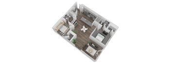 A 3D floor plan of a house with a kitchen, living room, and two bedrooms.