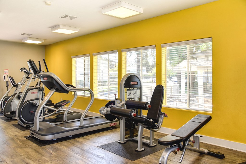 Renaissance Park on-site fitness center with treadmill, elliptical, bikes and weight systems. at Renaissance Park Apartments, Davis, California