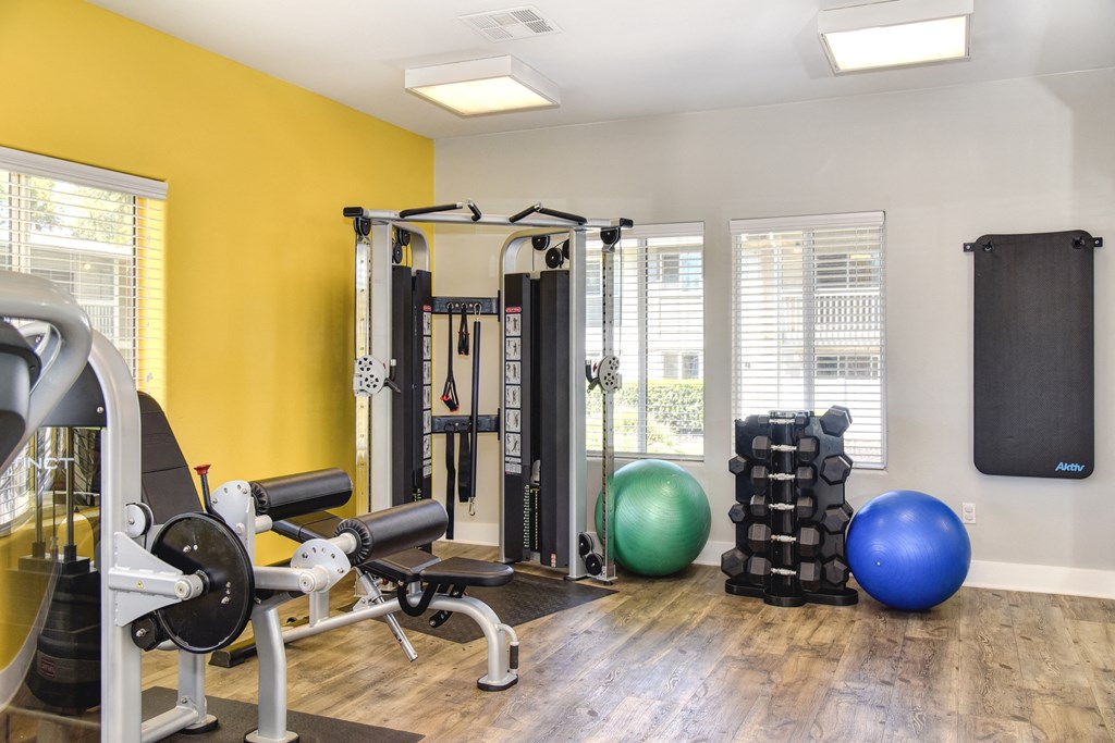 Renaissance Park on-site fitness center with free weights and weight machine at Renaissance Park Apartments, Davis