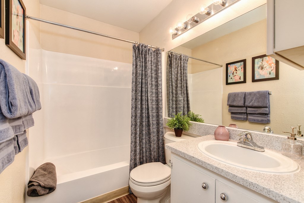 Model home bathroom with a shower toilet and sink at Renaissance Park Apartments, California