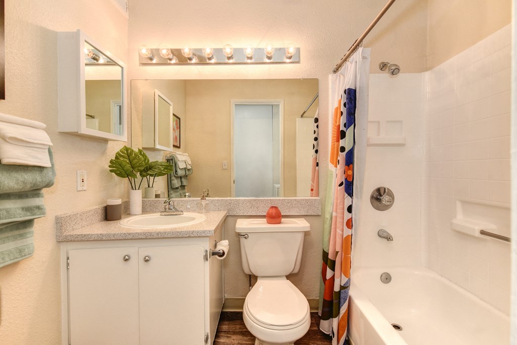Model home bathroom with a sink toilet and bathtub at Renaissance Park Apartments, California, 95618