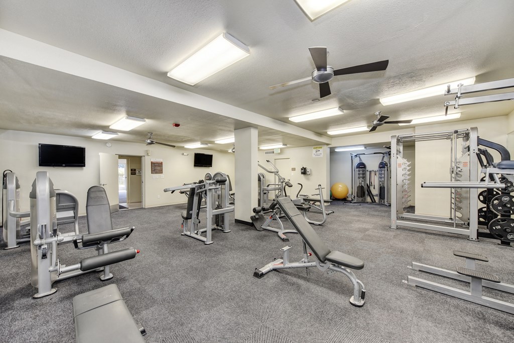 The Retreat's Fitness center with multiple weight systems & cardio equipment.  Large room that is well-lit and with ceiling fans. at The Retreat at Walnut Creek, California, 94596