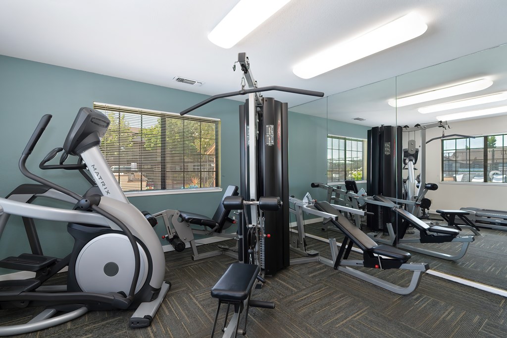 A gym with a treadmill, a weight machine, and a bench.