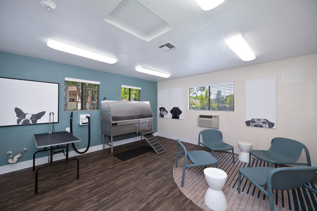 A room with a blue wall and a whiteboard on the wall.