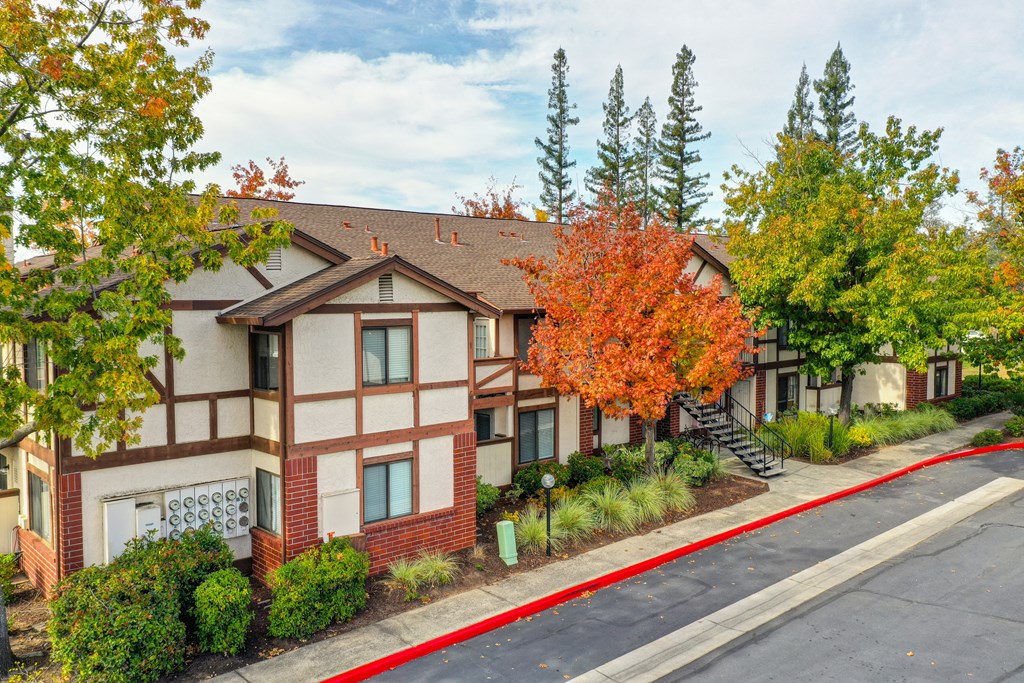 Exterrior of apartment building located outside of the leasing office.  Mature landscaping with tree with fall-colored orange leaves.