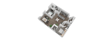 A 3D floor plan of a house with a central courtyard.