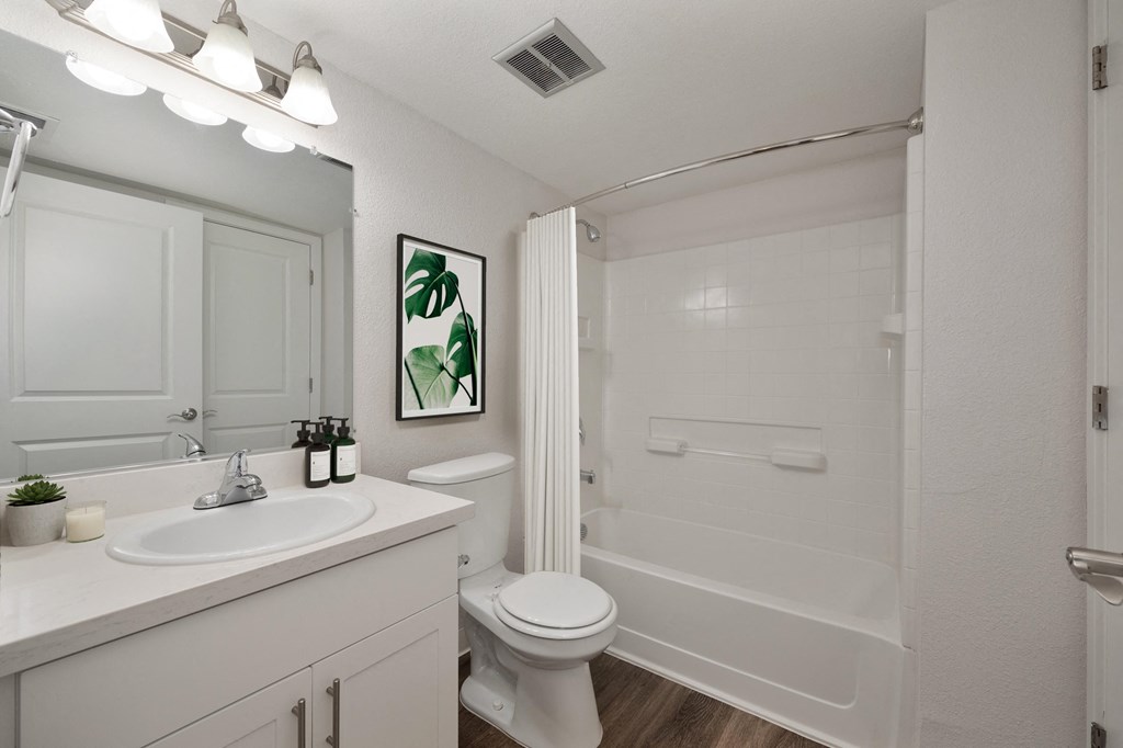 a bathroom with a shower toilet and sink and a mirror at Rush River Apartments, Sacramento