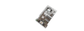 A 3D rendered image of a house layout.