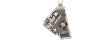 A 3D floor plan of a house with a kitchen, living room, and two bedrooms.