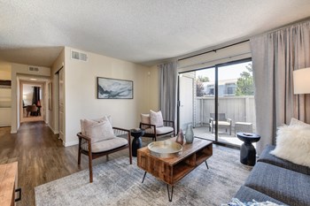 Living Room Living with Sliding Patio Doors, Hardwood Inspired Floor, Gray/White Rug, Gray Sofa and Round Mirror - Photo Gallery 5