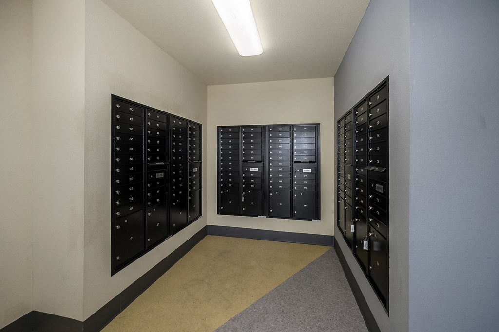 Mail and package room with black wall lockers at Silverstone Apartments, California