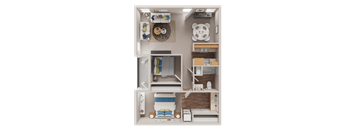 A detailed 3D floor plan of a small apartment layout.