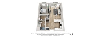 A 3D floor plan of a small apartment with two bedrooms, a living room, and a kitchen.
