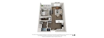 A 3D floor plan of a small apartment with a kitchen, living room, and bedroom.