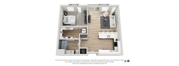 A 3D floor plan of a two-bedroom apartment with a living room, kitchen, and bathroom.