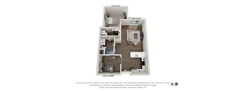 A 3D floor plan of a small apartment with a kitchen, living room, and bedroom.
