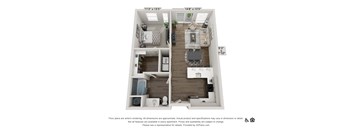 A 3D floor plan of a small apartment with two bedrooms, a living room, and a kitchen.