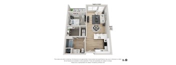 A 3D floor plan of a small apartment with a kitchen, living room, and bathroom.