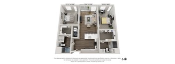 A 3D floor plan of a two-bedroom apartment with a living room, kitchen, and bathroom.
