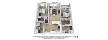 A 3D floor plan of an apartment with dimensions and a disclaimer at the bottom.
