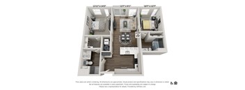 A 3D floor plan of an apartment with dimensions and a disclaimer.