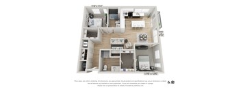 A 3D floor plan of a small apartment with two bedrooms, a living room, and a kitchen.