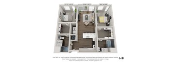 A 3D floor plan of a small apartment with two bedrooms and a living area.
