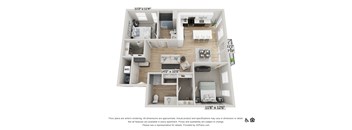 A 3D floor plan of a small apartment with a kitchen, living room, and bedrooms.
