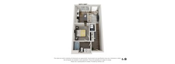 A 3D floor plan of a 10x18 foot apartment with a kitchen, living room, and bathroom.
