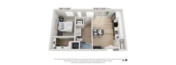 A 3D floor plan of a small apartment with a kitchen, living room, and bathroom.