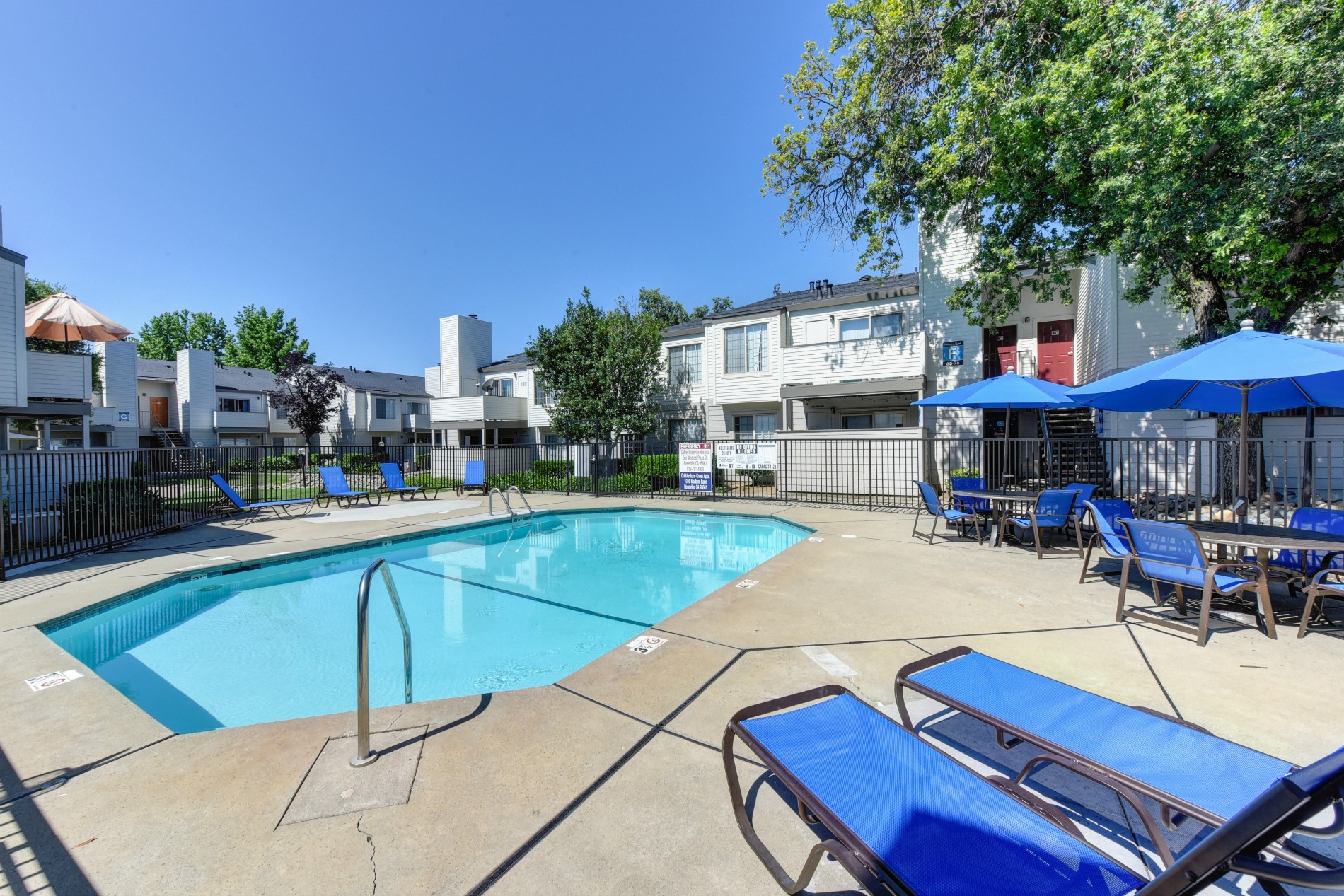 Swimming Pool Lounge Area with bright blue chairs and umbrellas at Cobblestone Creek Apartments, Roseville