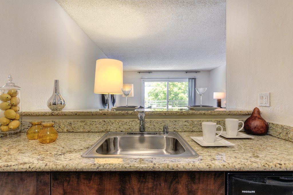 a kitchen with a sink and a window