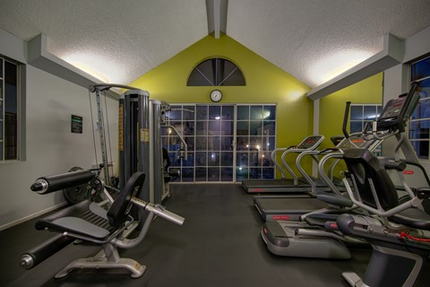 A gym with treadmills and exercise bikes.