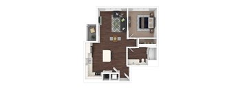 A top-down view of a living room with a couch, coffee table, and kitchen area.