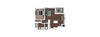 A 3D floor plan of a house with a kitchen, living room, and bathroom.